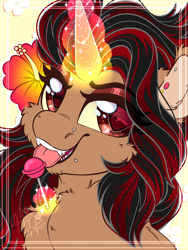 Size: 1800x2400 | Tagged: safe, artist:thehaywaiianhorse, oc, oc only, oc:bramble angel mele, pony, unicorn, bust, candy, female, flower, flower in hair, food, horn, lollipop, magic, mare, portrait, solo