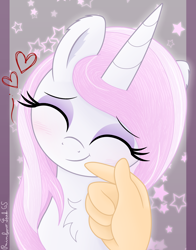 Size: 2764x3532 | Tagged: safe, artist:rainbowšpekgs, fleur-de-lis, human, pony, unicorn, g4, blushing, chest fluff, cute, eyes closed, female, fleurabetes, hand, horn, human on pony petting, mare, offscreen character, petting, pov, smiling, sweet dreams fuel