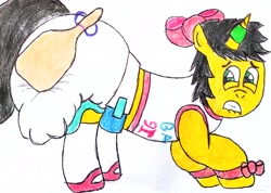 Size: 3053x2174 | Tagged: safe, artist:bitter sweetness, oc, oc only, oc:bitter sweetness, pony, unicorn, abdl, adult foal, bow, clothes, diaper, diaper fetish, fetish, green eyes, gritted teeth, hair bow, high res, horn, horn ring, levitation, lip bite, looking back, magic, magic suppression, non-baby in diaper, paddle, paddling, poofy diaper, ring, simple background, sissy, socks, solo, spanking, teeth, telekinesis, traditional art, unicorn oc, white background