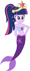 Size: 440x1024 | Tagged: safe, artist:fireluigi29, sci-twi, twilight sparkle, mermaid, equestria girls, g4, belly, belly button, big crown thingy, crown, element of magic, fins, fish tail, jewelry, mermaid princess, mermaid tail, mermaidized, necklace, pearl necklace, regalia, simple background, sleeveless, solo, species swap, tail, transparent background