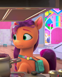 Size: 858x1080 | Tagged: safe, screencap, sunny starscout, earth pony, pony, a little horse, g5, my little pony: make your mark, my little pony: make your mark chapter 4, spoiler:g5, an attempt was made, cooking, cropped, crystal brighthouse, depth of field, female, frown, indoors, kettle, kitchen, mane stripe sunny, mare, pepper shaker, pot, raised hoof, salt shaker, solo, stove, subsurface scattering, sunny's bag, worried