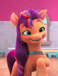 Size: 825x1080 | Tagged: safe, screencap, sunny starscout, earth pony, pony, a little horse, g5, my little pony: make your mark, my little pony: make your mark chapter 4, spoiler:g5, cropped, crystal brighthouse, cute, female, indoors, mane stripe sunny, mare, raised hoof, smiling, solo, sunnybetes