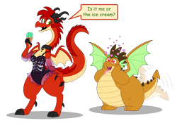 Size: 5525x3867 | Tagged: safe, artist:aleximusprime, oc, oc only, oc:alex the chubby dragon, oc:starr, oc:sterrdergon, dragon, christianity, clothes, cross, cross necklace, crucifix, dragon oc, dragoness, dragonsona, duo, duo male and female, fat, female, food, gift art, hand on hip, hands on cheeks, heart, heart eyes, ice cream, in love, jewelry, male, male and female, necklace, necromancer swimsuit, non-pony oc, northern drake, one-piece swimsuit, simple background, small wings, speech bubble, spread wings, swimsuit, tail, tail wag, tongue out, transparent background, wingding eyes, wings