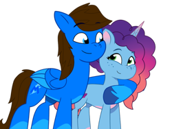 Size: 1024x768 | Tagged: safe, artist:bluemario11, misty brightdawn, oc, oc:blue thunder, pegasus, pony, unicorn, g5, my little pony: tell your tale, cute, duo, duo male and female, female, horn, hug, male, mare, simple background, smiling, stallion, tell your tale accurate, transparent background