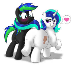 Size: 4879x4440 | Tagged: safe, artist:aleximusprime, oc, oc only, oc:rider, oc:susan, earth pony, pony, unicorn, blushing, butt, commission, duo, duo male and female, female, flirting, heart, horn, in love, male, nervous, pictogram, plot, seduction, seductive, simple background, sultry pose, sweat, tail, tail seduce, transparent background