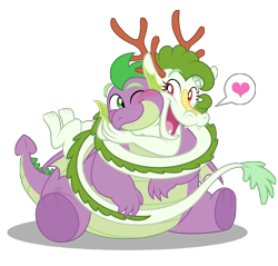 Size: 4975x4750 | Tagged: safe, artist:aleximusprime, spike, oc, oc:lily the dragon, dragon, eastern dragon, g4, adult, adult spike, antlers, blushing, coils, cute, dragoness, duo, eastern drake, fat, fat spike, female, hair, heart, hug, in love, larger male, long, long dragon, male, northern drake, obese, older, older spike, one eye closed, open mouth, open smile, physique difference, plump, shipping, simple background, sitting, skinny, smaller female, smiling, spread legs, spreading, strong fat, thin, transparent background, winged spike, wings, wrapped snugly, wrapped up