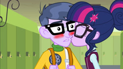 Size: 1100x618 | Tagged: safe, artist:bigpurplemuppet99, micro chips, sci-twi, twilight sparkle, human, equestria girls, g4, duo, duo male and female, female, glasses, indoors, kissing, lockers, male, microlight, ship:microlight, shipping, straight