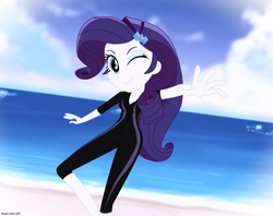 Size: 1981x1571 | Tagged: safe, artist:stephen-fisher, rarity, human, equestria girls, g4, beach, black swimsuit, clothes, female, ocean, solo, swimsuit, water, wetsuit