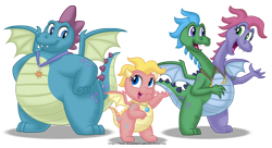 Size: 5076x2768 | Tagged: safe, artist:aleximusprime, dragon, brother and sister, cassie (dragon tales), chubby, cute, dragon tales, fat, female, g4 style, horns, jewelry, male, multiple heads, necklace, ord, pendant, plump, siblings, simple background, transparent background, twins, two heads, two-headed dragon, zack and wheezie