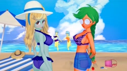 Size: 1920x1080 | Tagged: safe, artist:hornydogo, oc, oc only, oc:fair flyer, oc:matinee, oc:morning mimosa, oc:soiree, human, equestria girls, g4, 3d, beach, beach umbrella, blue bikini, blue swimsuit, bucket, clothes, koikatsu, ocean, orange swimsuit, outdoors, purple bikini, purple swimsuit, swimsuit, water