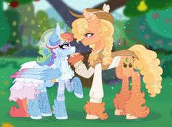 Size: 6905x5113 | Tagged: safe, artist:xxcheerupxxx, applejack, rainbow dash, pony, g4, absurd resolution, alternate design, alternate universe, apple, apple tree, clothes, dress, duo, duo female, female, height difference, intertwined trees, lesbian, outdoors, pear tree, ship:appledash, shipping, tree, wedding dress