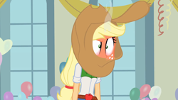 Size: 1280x720 | Tagged: safe, screencap, applejack, equestria girls, g4, my little pony equestria girls, angry, applejack's hat, balloon, belt, burning, cowboy hat, gym, hat, hat over eyes, meme, rage face, seething, solo, streamers