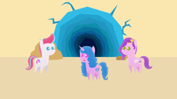 Size: 1920x1080 | Tagged: safe, artist:carrotorangelight, izzy moonbow, pipp petals, zipp storm, pegasus, pony, unicorn, g5, female, horn, ice cave, pointy ponies, trio, trio female