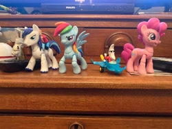 Size: 4032x3024 | Tagged: safe, pinkie pie, rainbow dash, shining armor, earth pony, human, pegasus, robot, unicorn, g4, bender bending rodríguez, female, futurama, guardians of harmony, horn, irl, macnight, male, mare, mcdonald's, mcnight, philip j. fry, photo, plane, stallion, toy