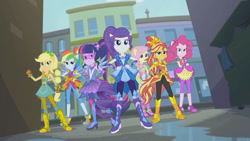 Size: 854x480 | Tagged: safe, screencap, applejack, fluttershy, pinkie pie, rainbow dash, rarity, sci-twi, sunset shimmer, twilight sparkle, human, equestria girls, g4, my little pony equestria girls: better together, super squad goals, female, humane five, humane seven, humane six, outdoors, ponied up, super ponied up