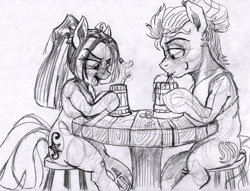 Size: 2854x2177 | Tagged: safe, artist:ciaran, derpibooru exclusive, aria blaze, zephyr breeze, earth pony, pegasus, pony, rainbow rocks 10th anniversary, equestria girls, g4, my little pony equestria girls: rainbow rocks, alcohol, bar stool, beer, beer stein, crack shipping, disguise, disguised siren, drinking straw, duo, duo male and female, equestria girls ponified, eye clipping through hair, eyebrows, eyebrows visible through hair, eyeshadow, female, human shoulders, looking at each other, looking at someone, looking down, makeup, male, mare, missing accessory, open mouth, pencil drawing, pigtails, ponified, ship:zepharia, shipping, silly straw, simple background, smiling, stallion, straight, straw, sucking, table, traditional art, underhoof, wingless