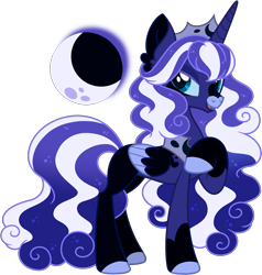 Size: 2211x2324 | Tagged: safe, artist:strawberry-spritz, princess luna, oc, oc:solemn lullaby, alicorn, pony, g4, alternate cutie mark, alternate design, alternate hairstyle, alternate mane color, alternate tail color, alternate tailstyle, base used, black wings, blaze (coat marking), blue coat, blue eyes, blue hooves, blue sclera, blue wingtips, coat markings, colored eyelashes, colored hooves, colored legs, colored pinnae, colored sclera, colored wings, colored wingtips, ear fluff, ethereal mane, eyeshadow, facial markings, female, gradient mane, gradient tail, hooves, jewelry, kinsona, leg markings, lidded eyes, long mane, long tail, looking back, makeup, mare, open mouth, open smile, peytral, purple eyelashes, purple eyeshadow, raised hoof, simple background, small wings, smiling, snip (coat marking), socks (coat markings), solo, standing on three hooves, starry mane, starry tail, tail, tiara, transparent background, two toned mane, two toned tail, two toned wings, wings