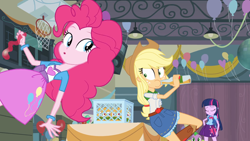 Size: 1280x720 | Tagged: safe, screencap, applejack, pinkie pie, spike, spike the regular dog, twilight sparkle, dog, human, equestria girls, g4, my little pony equestria girls, applejack's hat, balloon, basketball net, boots, bottle, cider, cowboy boots, cowboy hat, crate, drink, drinking, female, group, gym, hat, indoors, male, quartet, ribbon, shoes, spike the dog, wide eyes