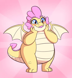 Size: 859x930 | Tagged: safe, artist:starrceline, artist:starrtoon, oc, oc only, oc:buttercream the dragon, dragon, flurry heart's story, adorafatty, blushing, cheek squish, cute, cute little fangs, dragon oc, dragoness, fangs, fat, female, floating eyebrows, heart shaped, non-pony oc, northern drake, plump, solo, spike's sister, spread wings, squishy cheeks, sunburst background, tongue out, wings