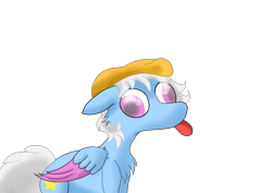 Size: 3508x2480 | Tagged: safe, artist:scrauso, oc, oc only, oc:erein rorien, pegasus, pony, beret, blue coat, blue fur, chest fluff, clothes, colored wings, cute, ears back, funny, funny face, hat, male, multicolored wings, pegasus oc, pink eyes, simple background, solo, tongue out, transparent background, white mane, wings