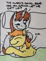 Size: 1549x2048 | Tagged: safe, artist:hoofclid, braeburn, oc, oc:hoofclid, earth pony, pony, unicorn, g4, bed, canon x oc, cuddling, dialogue, duo, duo male, eyes closed, gay, horn, in bed, male, marker drawing, overhead view, shipping, smiling, stallion, traditional art