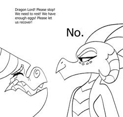 Size: 702x668 | Tagged: safe, artist:klondike, clump, princess ember, dragon, g4, black and white, chad, dialogue, duo, grayscale, implied sex, meme, monochrome, no, nordic gamer, simple background, teenaged dragon, white background, yes