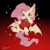 Size: 2048x2048 | Tagged: safe, artist:poyuewu, fluttershy, bat pony, pony, g4, apple, bat ponified, chibi, cute, female, flutterbat, food, gradient background, heart, mare, open mouth, race swap, red eyes, red outline, shyabates, shyabetes, solo, sparkles, text