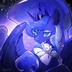 Size: 1500x1500 | Tagged: safe, artist:poyuewu, princess luna, alicorn, pony, g4, crown, female, jewelry, mare, outdoors, partially open wings, regalia, solo, starry background, wings