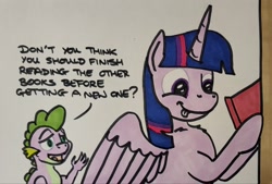 Size: 2048x1384 | Tagged: safe, artist:hoofclid, spike, twilight sparkle, alicorn, dragon, pony, g4, book, cute, dialogue, duo, duo male and female, female, lidded eyes, male, mare, marker drawing, that pony sure does love books, tongue out, traditional art, twiabetes, twilight sparkle (alicorn), wingless spike