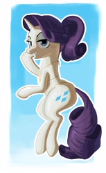 Size: 2509x4096 | Tagged: safe, artist:_ton618_, part of a set, rarity, pony, unicorn, g4, alternate hairstyle, bedroom eyes, bikini, butt, clothes, female, gold swimsuit, golden bikini, grin, horn, looking at you, mare, plot, ponytail, rearity, smiling, smiling at you, solo, swimsuit