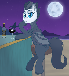 Size: 3167x3508 | Tagged: safe, artist:ligmire, oc, oc only, oc:crystal eclipse, bat pony, alcohol, bat pony oc, bat wings, beach, blue eyes, drink, everclear, female, mare, moon, multicolored coat, multicolored hair, night, outdoors, solo, stars, wings