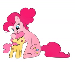 Size: 1513x1256 | Tagged: safe, artist:mayugraffiti, li'l cheese, pinkie pie, earth pony, pony, g4, colt, duo, eyes closed, female, foal, head pat, male, mare, mother and child, older, older pinkie pie, open mouth, open smile, pat, simple background, smiling, white background