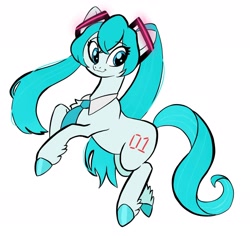 Size: 1962x1851 | Tagged: safe, artist:mayugraffiti, earth pony, pony, anime, clothes, female, fetlock tuft, hatsune miku, mare, necktie, ponified, simple background, smiling, solo, vocaloid, white background