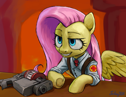 Size: 2600x2000 | Tagged: safe, artist:solixy406, fluttershy, pegasus, pony, g4, bust, female, fluttermedic, grin, high res, lidded eyes, mare, medic (tf2), partially open wings, smiling, solo, team fortress 2, wings