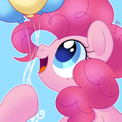 Size: 4000x4000 | Tagged: safe, artist:fizzlefer, pinkie pie, earth pony, pony, g4, absurd resolution, balloon, colored pupils, cute, diapinkes, female, hoof hold, light blue background, looking up, mare, open mouth, open smile, outline, simple background, smiling, solo, that pony sure does love balloons, white outline