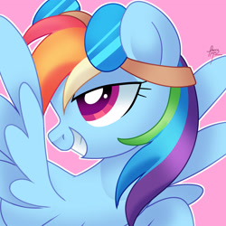 Size: 4000x4000 | Tagged: safe, artist:fizzlefer, rainbow dash, pegasus, pony, g4, absurd resolution, colored pupils, female, goggles, goggles on head, grin, lidded eyes, looking up, mare, outline, pink background, simple background, smiling, solo, spread wings, white outline, wings