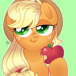 Size: 4000x4000 | Tagged: safe, artist:fizzlefer, applejack, earth pony, pony, g4, absurd resolution, apple, bust, colored pupils, eating, female, food, green background, herbivore, hoof hold, lidded eyes, looking offscreen, mare, simple background, solo