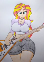 Size: 1483x2048 | Tagged: safe, artist:spartanmora, sunset shimmer, human, rainbow rocks 10th anniversary, equestria girls, g4, belt, breasts, busty sunset shimmer, cleavage, clothes, cutie mark on clothes, electric guitar, eye clipping through hair, eyebrows, eyebrows visible through hair, female, guitar, guitar pick, midriff, musical instrument, shorts, smiling, solo, traditional art, wide hips