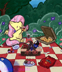 Size: 1280x1494 | Tagged: dead source, safe, artist:nakotoyasashii, fluttershy, pegasus, pony, g4, ball, basket, beach ball, chibi, chips, cupcake, cute, deviantart watermark, donut, doritos, drinking straw, eating, eyes closed, female, food, glass, hoof hold, mare, obtrusive watermark, outdoors, pepsi, picnic, picnic basket, picnic blanket, pizza, pizza box, shyabetes, soda, solo, strawberry, watermark