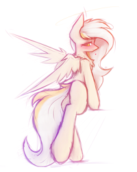 Size: 1985x2486 | Tagged: safe, artist:lu.de, oc, oc only, oc:gold.de, pegasus, pony, blushing, butt, chest fluff, female, heart, looking at you, looking back, looking back at you, mare, pegasus oc, plot, simple background, solo, spread wings, tail, white background, wings