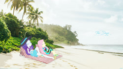 Size: 1600x900 | Tagged: safe, artist:haiikhal, fluttershy, rarity, human, equestria girls, g4, beach, clothes, equestria girls in real life, female, fluttershy's wetsuit, irl, ocean, outdoors, palm tree, photo, rarity's blue sarong, rarity's purple bikini, sandals, sarong, sports bra, swimsuit, tree, water