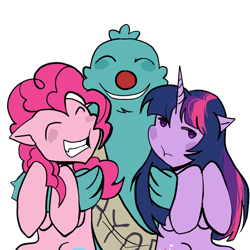 Size: 1000x1000 | Tagged: safe, artist:0liiver, pinkie pie, twilight sparkle, earth pony, pony, unicorn, g4, bugsnax, crossover, filbo fiddlepie, grumpus, horn, hug, simple background, transparent background, trio