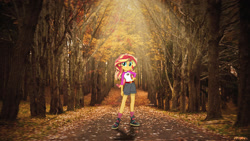 Size: 1600x900 | Tagged: safe, artist:haiikhal, sunset shimmer, human, equestria girls, g4, autumn, camp everfree outfits, equestria girls in real life, female, forest, irl, leaves, nature, outdoors, photo, solo, tree