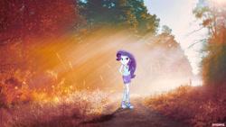 Size: 1600x900 | Tagged: safe, artist:haiikhal, rarity, human, equestria girls, g4, autumn, camp everfree outfits, crepuscular rays, equestria girls in real life, female, forest, hand on hip, irl, nature, outdoors, photo, solo, tree