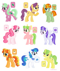 Size: 750x879 | Tagged: safe, artist:sarahbearquartz, apple stars, banana fluff, bumblesweet, crimson gala, firecracker burst, kiwi tart (g4), periwinkle, pudding pie, red gala, sugar grape, earth pony, pegasus, pony, unicorn, g4, apple family member, female, horn, mare, simple background, white background