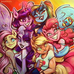 Size: 1600x1600 | Tagged: safe, artist:xconito, applejack, fluttershy, pinkie pie, rainbow dash, rarity, twilight sparkle, alicorn, earth pony, pegasus, unicorn, anthro, g4, breasts, busty applejack, busty pinkie pie, busty rarity, camera, ear piercing, earring, female, grin, horn, human facial structure, jewelry, lidded eyes, lipstick, mane six, mare, no pupils, piercing, prehensile mane, smiling, sunglasses, sunglasses on head, twilight sparkle (alicorn)