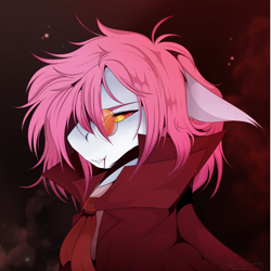 Size: 1940x1939 | Tagged: safe, anonymous artist, oc, oc only, oc:clumsy von heim, original species, pony, undead, vampire, vampony, blood, closed species, clothes, cosplay, costume, fangs, gem eyed dracula race, gem eyes, looking at you, male, necktie, smiling, smirk, solo, stallion