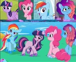 Size: 1546x1269 | Tagged: safe, misty brightdawn, pinkie pie, rainbow dash, twilight sparkle, alicorn, earth pony, pegasus, pony, unicorn, g4, g5, leak, camp cutie mark, horn, outdoors, twilight sparkle (alicorn), unicorn twilight