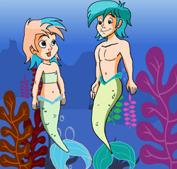 Size: 1308x1251 | Tagged: safe, artist:ocean lover, coral currents, sandbar, human, merboy, mermaid, merman, g4, bandeau, bare shoulders, belly, belly button, brother and sister, child, cute, female, fins, fish tail, friendship student, green eyes, humanized, kelp, light skin, looking at each other, looking at someone, male, male and female, mermaid tail, mermaidized, midriff, ms paint, older coral currents, seaweed, short hair, siblings, smiling, smiling at each other, species swap, tail, tail fin, teenager, two toned hair, underwater, water