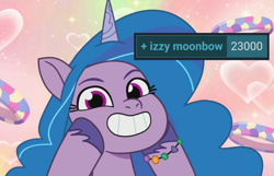 Size: 1680x1080 | Tagged: safe, edit, edited screencap, screencap, izzy moonbow, pony, unicorn, derpibooru, g5, my little pony: tell your tale, bracelet, female, friendship bracelet, grin, horn, jewelry, looking at you, mare, meta, milestone, showing teeth, smiling, smiling at you, solo, tags